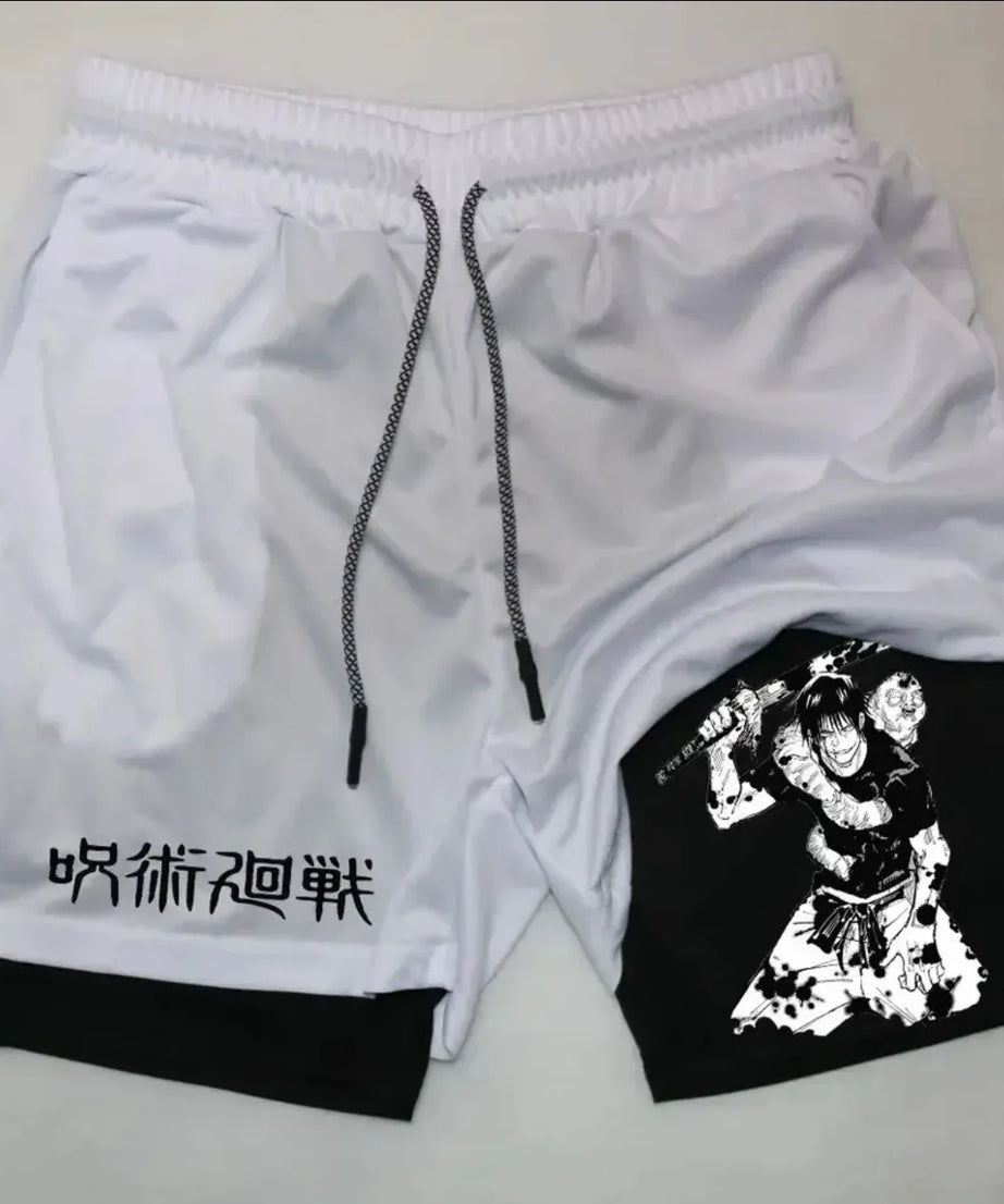 Anime Jujutsu Kaisen Performance Yuji Print Sport Running 2 in 1 Gym Shorts Training Men's Summer Workout Sportwear Y2K Shorts