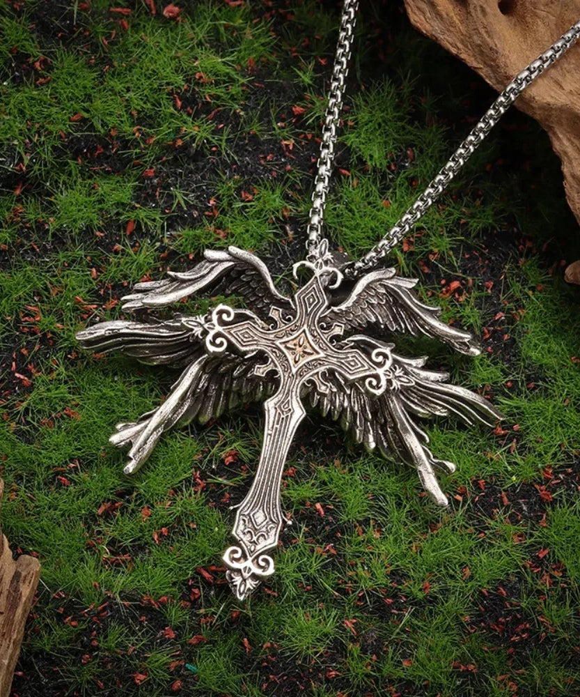 Retro Gothic Jesus Wings Cross Pendant Necklace Jewelry for Men Women Large Vintage Dark Punk Religious Amulet Necklaces Gifts