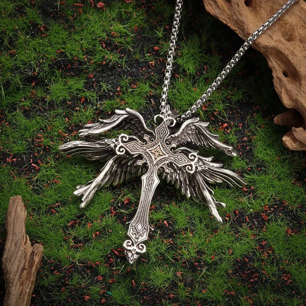Gothic Winged Cross Pendant Necklace — Vintage Punk Amulet