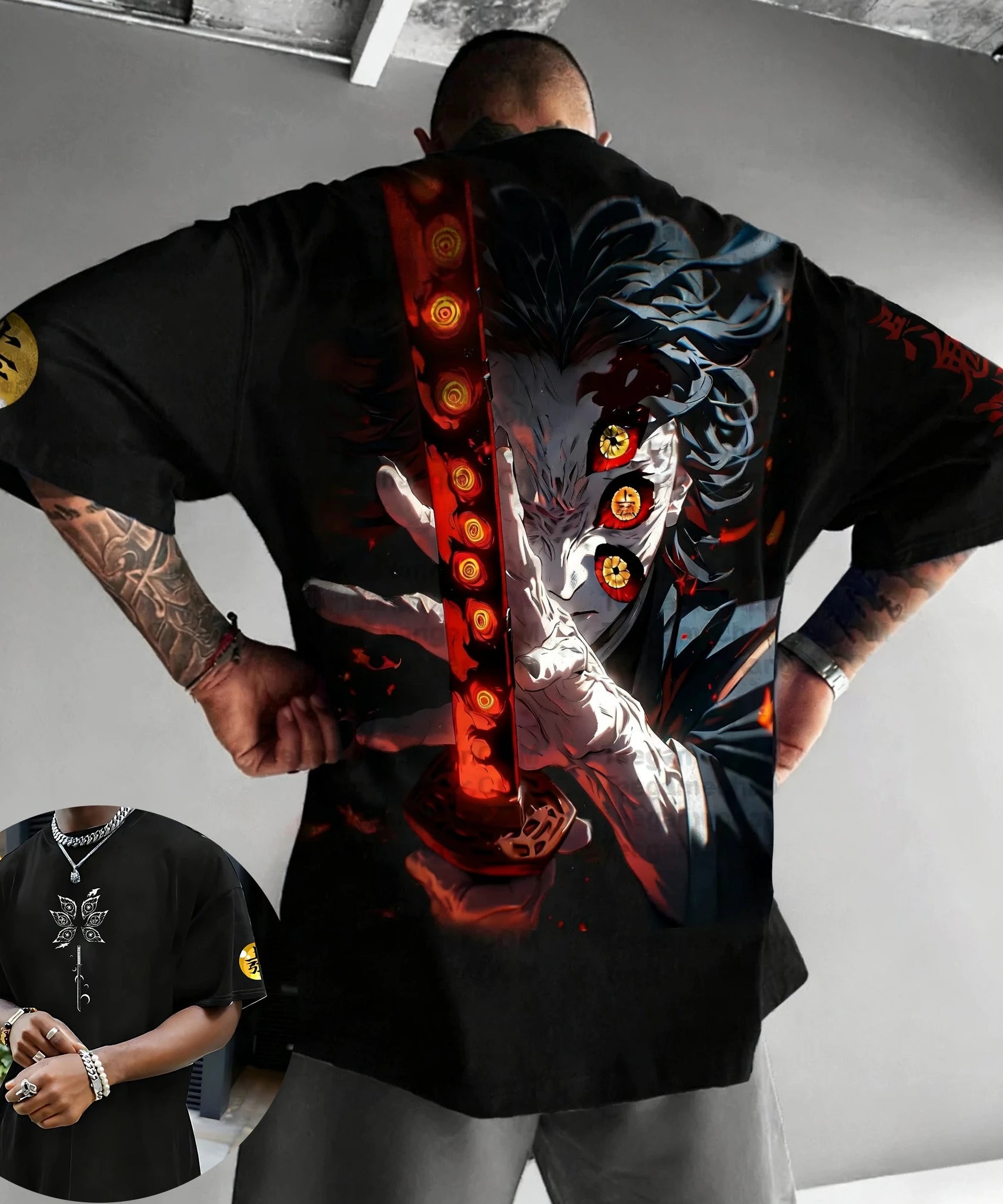 Demon Slayer Halloween Joint T-shirt Men's Summer New Kokushibo Anime Print American Trend Casual Loose Short Sleeved Top