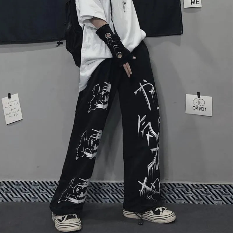 Anime Print Wide-Leg Sweatpants — Harajuku Streetwear