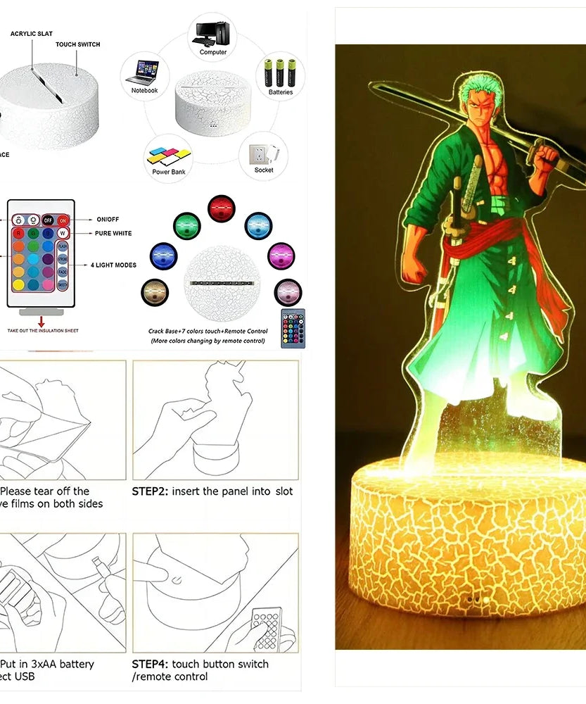 Actions Figure One Piece Luffy Zoro Anime Figures 3D Lamp PVC Action Collection Model Toys LED Night Light Kid Christmas Gift