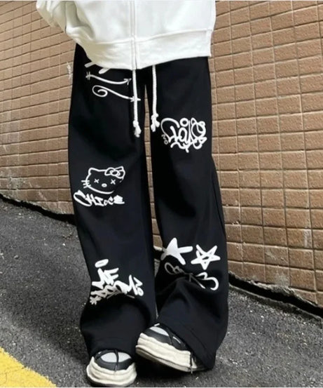 Sanrio Hello Kitty Printed Black Casual Pants Spring/Summer New Loose Retro Graffiti Straight Y2k Pants Hip Hop Sweatpants
