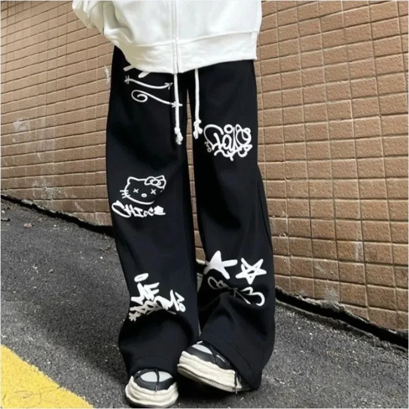 Sanrio Hello Kitty Printed Black Casual Pants Spring/Summer New Loose Retro Graffiti Straight Y2k Pants Hip Hop Sweatpants