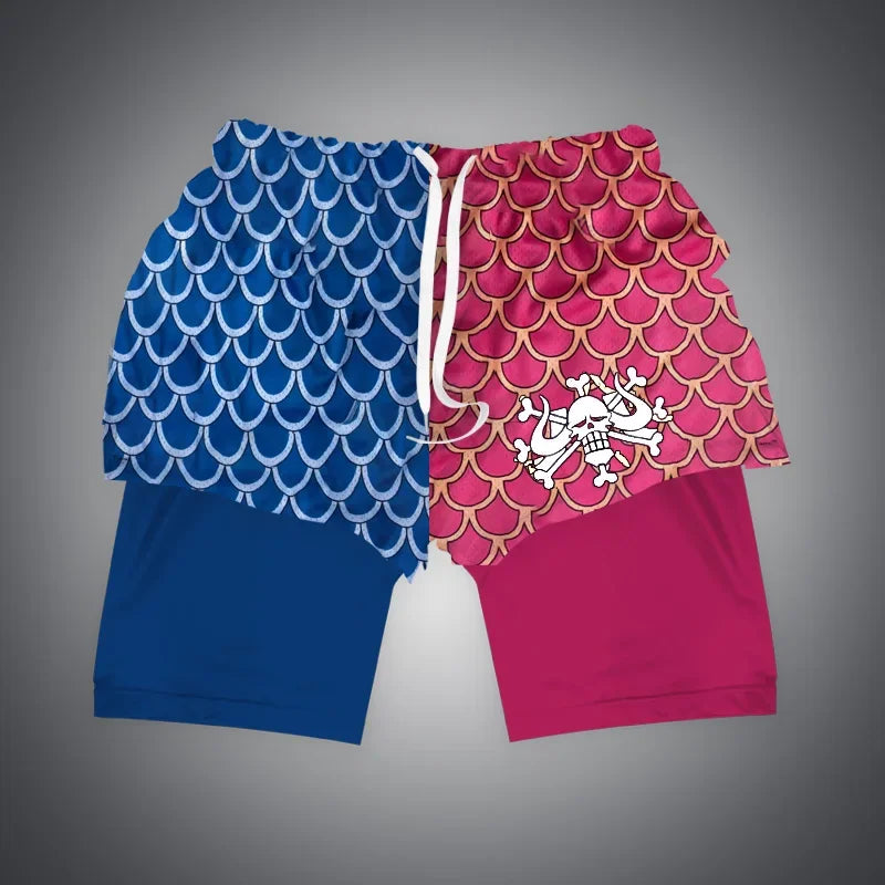 One Piece x Naruto x Dragon Ball 2-in-1 Men’s Gym Shorts – Quick-Dry & Breathable Sportswear