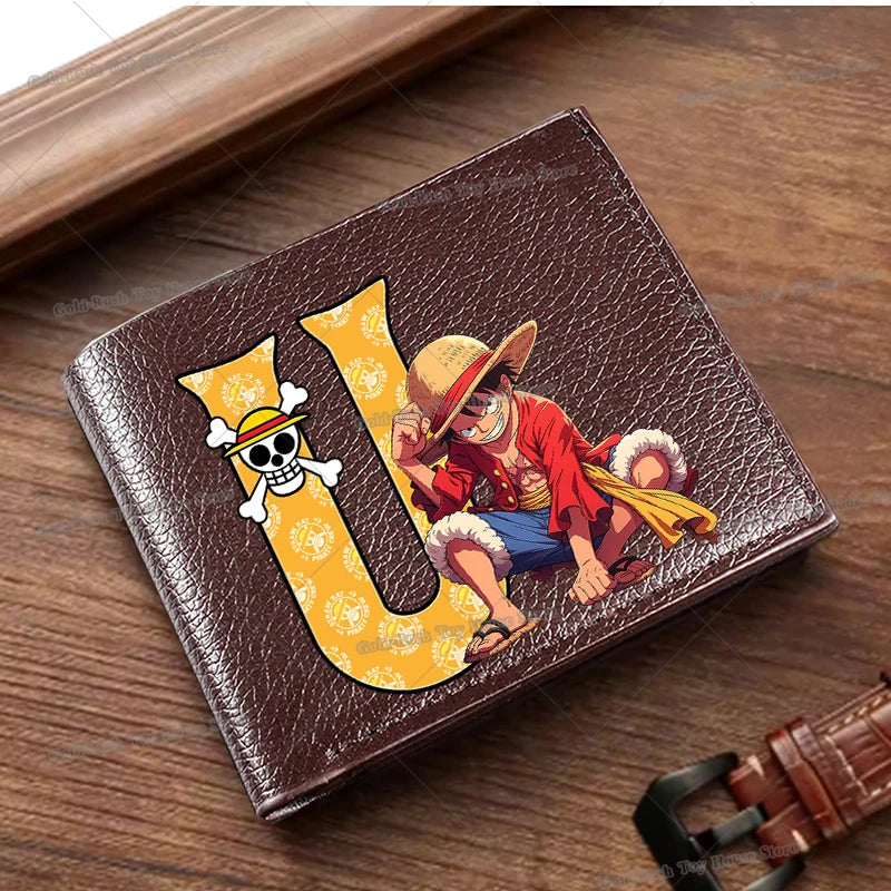Anime Luffy Men Pu Wallet One Piece Letter A-Z Foldable Short Wallet Man Portable Credit ID Card Holder Male Pocket Coin Purse