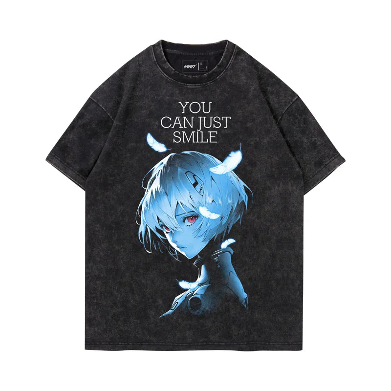 Anime Eva Graphic T-shirt Man Summer Y2k Clothes Casual Short Sleeved Tee Women Vintage Washed Cotton Gym Clothing Top