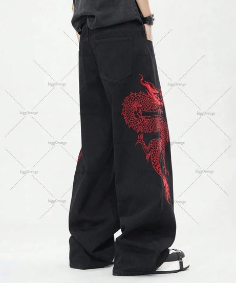 New Retro Oriental Dragon Design Fashionable Loose Jeans Men Street Hip-hop Casual Straight Wide-leg Pants Women