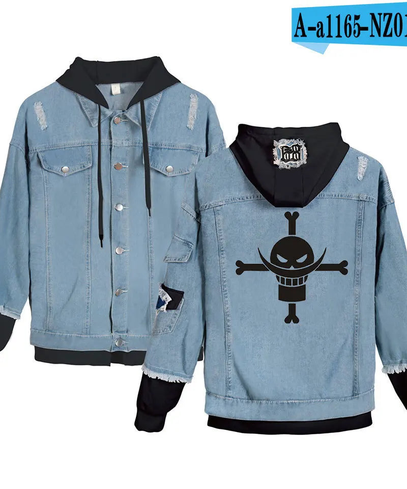 ONE PIECE Anime Chooper Denim Bomber Jacket Hooded Sweatshirt Unisex Ripped Hole Cosplay Hoodie Long-Sleeved Denim Jacket Gift