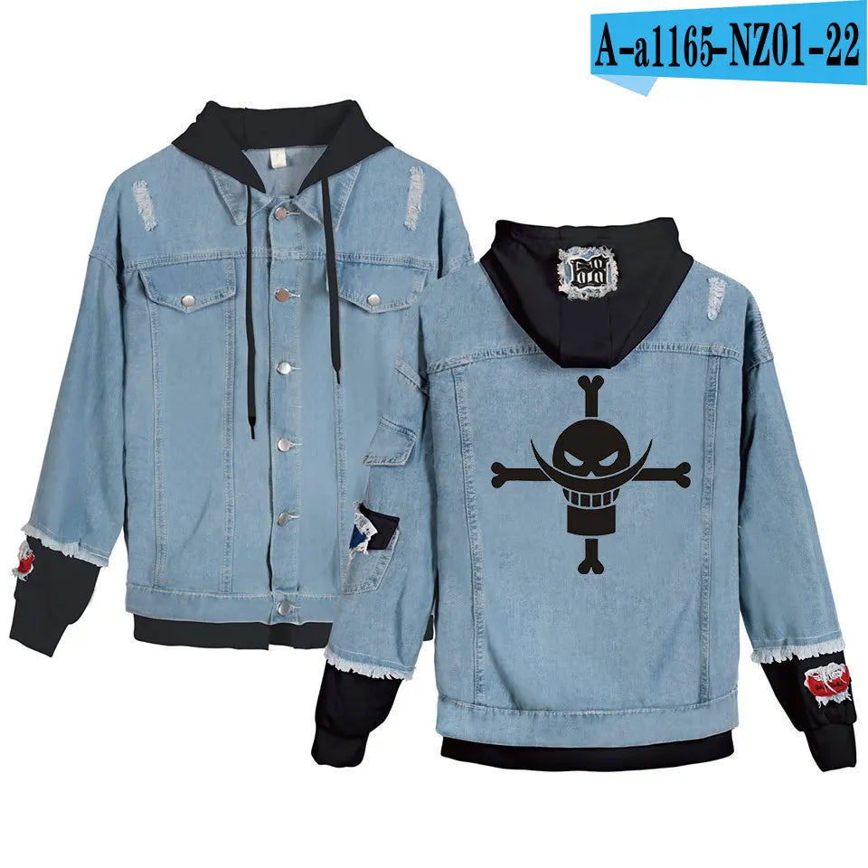 ONE PIECE Anime Chooper Denim Bomber Jacket Hooded Sweatshirt Unisex Ripped Hole Cosplay Hoodie Long-Sleeved Denim Jacket Gift