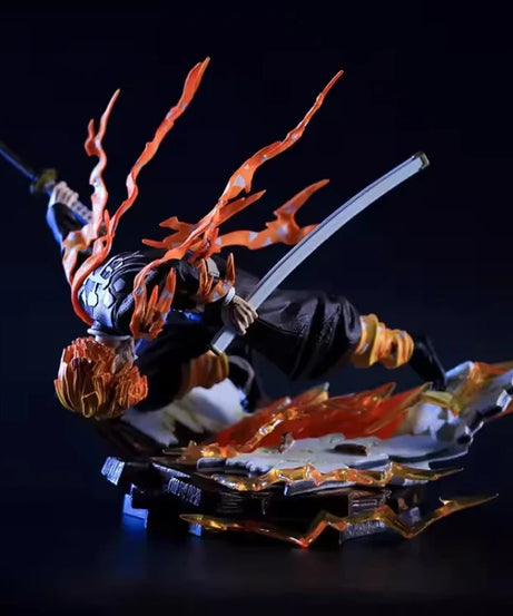 28cm Anime Demon Slayer Agatsuma Zenitsu Fire Thunder God Action Figure PVC Statue With Effect Base Collectible Model Toy Gift