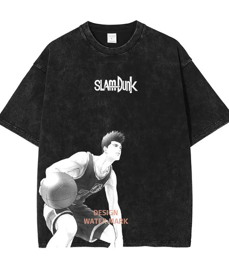 Hanamichi Rukawa Haruko T Shirt Slam Anime Dunk Sendou Vintage Washed Tops Tees Short Sleeve Manga Graphic T-shirt Man Cotton