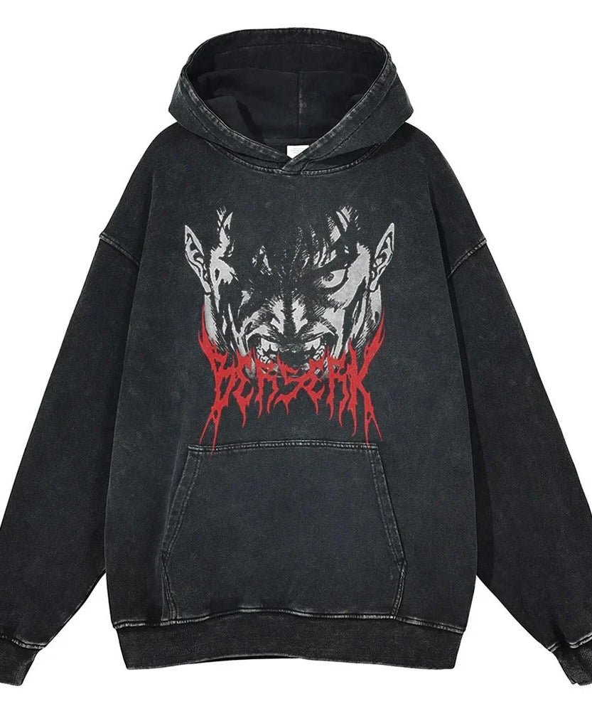 Berserk Animation Print Spring and Autumn New Washed Jumper Men's Sports Loose Casual Hip Hop Plus Size Sweater Top