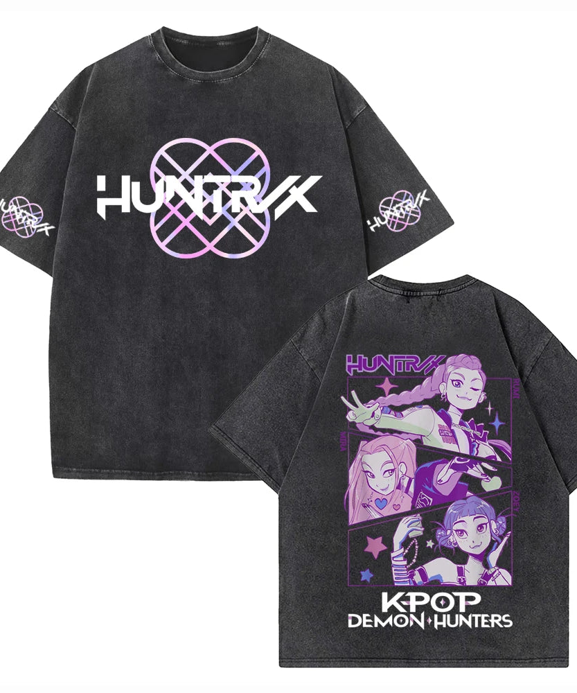Anime K-Pop Demon Hunters Washed T-shirt Vintage O-Neck Short Sleeve Cotton T-Shirts