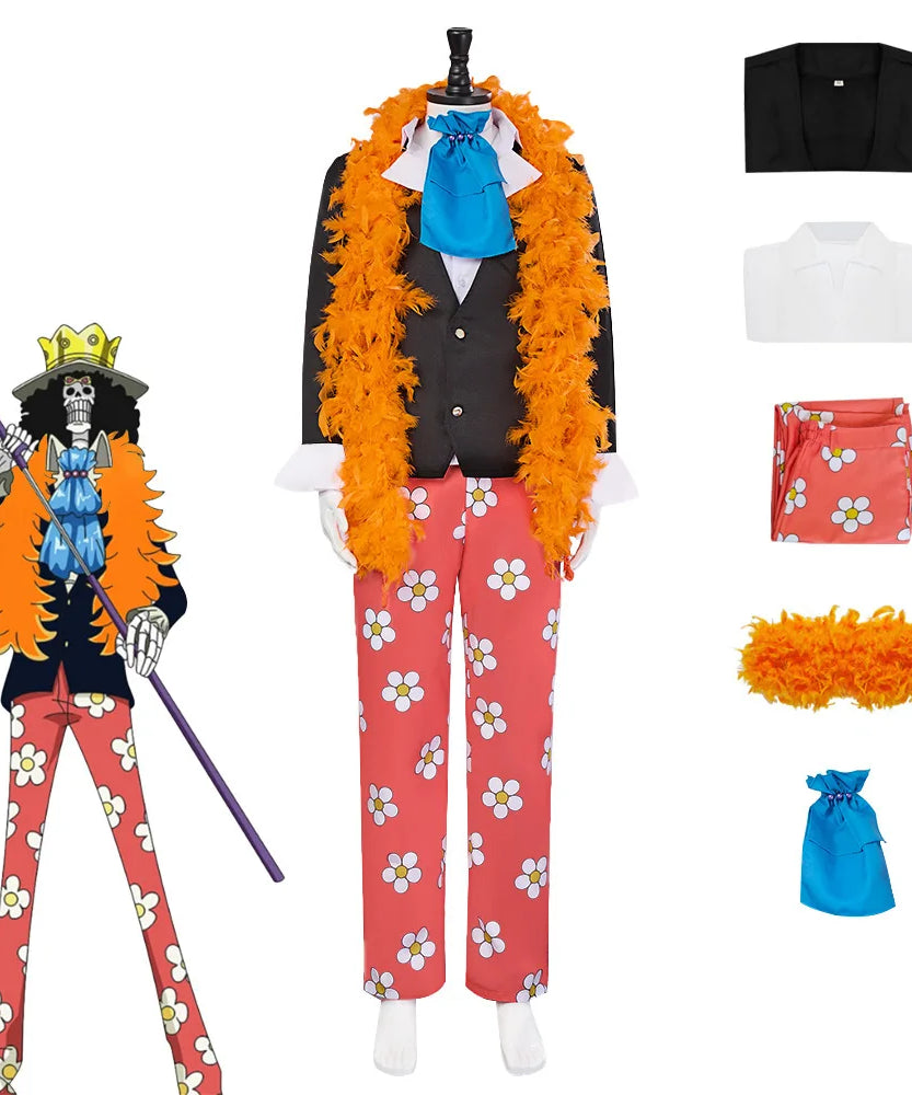 One Piece Brook Cosplay Costume Full Set - Soul King Skeleton Suit with Anime Halloween Party Uniform for Men Women holiday gift