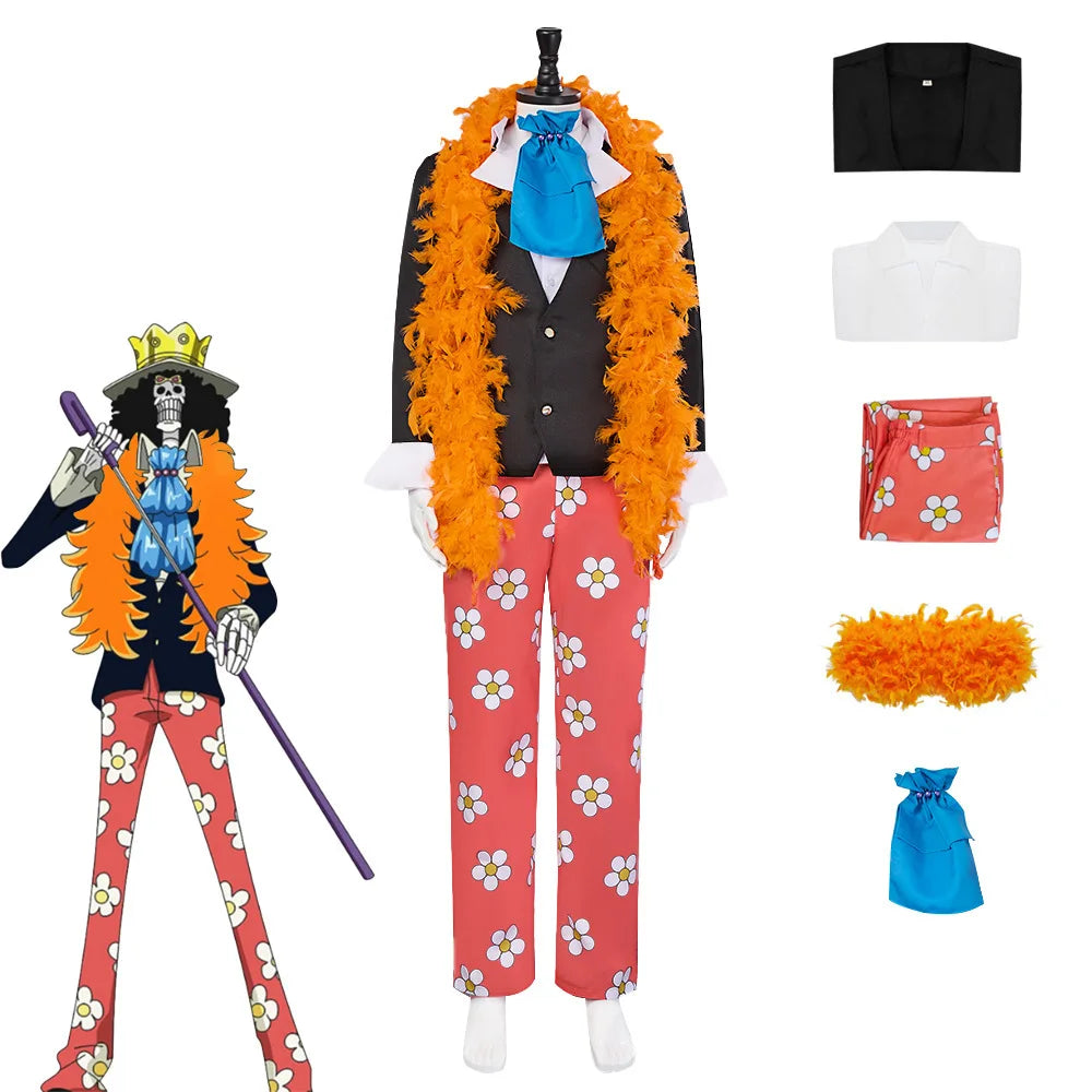 One Piece Brook Cosplay Costume Full Set - Soul King Skeleton Suit with Anime Halloween Party Uniform for Men Women holiday gift