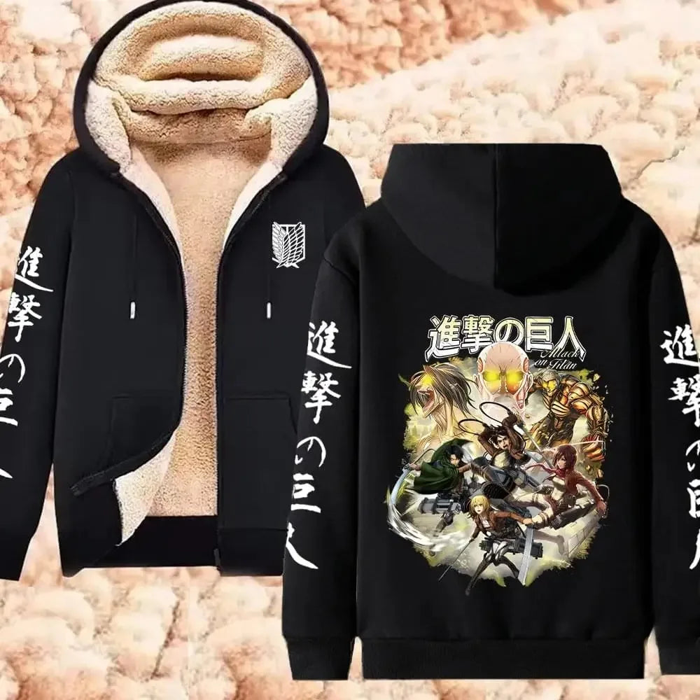 Attack on Titan Winter Warm Zipper Jacket Anime Print Hoodies Men Women Thicken Zip Up Sweatshirts Harajuku Hip Hop Streetwear