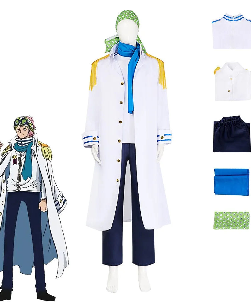 Anime Coby Cosplay Costume Marine Sword Member Military Uniform White Long Cloak Coat Scarf Adult Man Halloween Carnival Suit