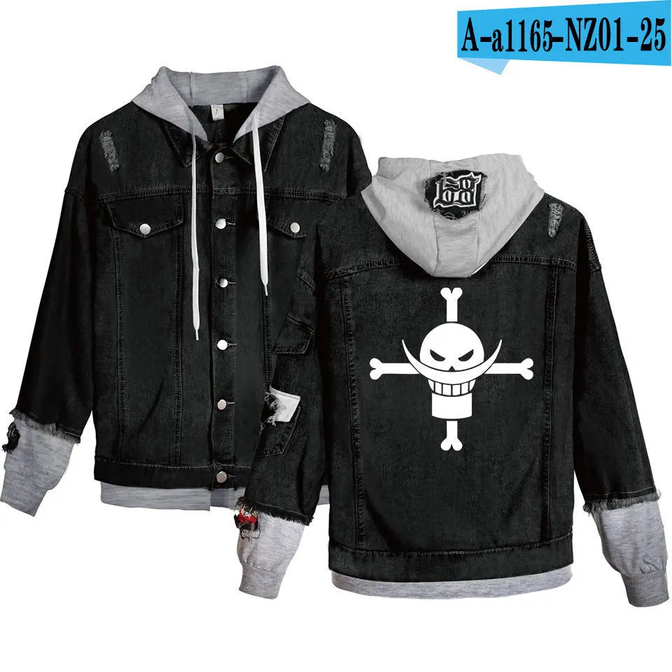 ONE PIECE Anime Chooper Denim Bomber Jacket Hooded Sweatshirt Unisex Ripped Hole Cosplay Hoodie Long-Sleeved Denim Jacket Gift