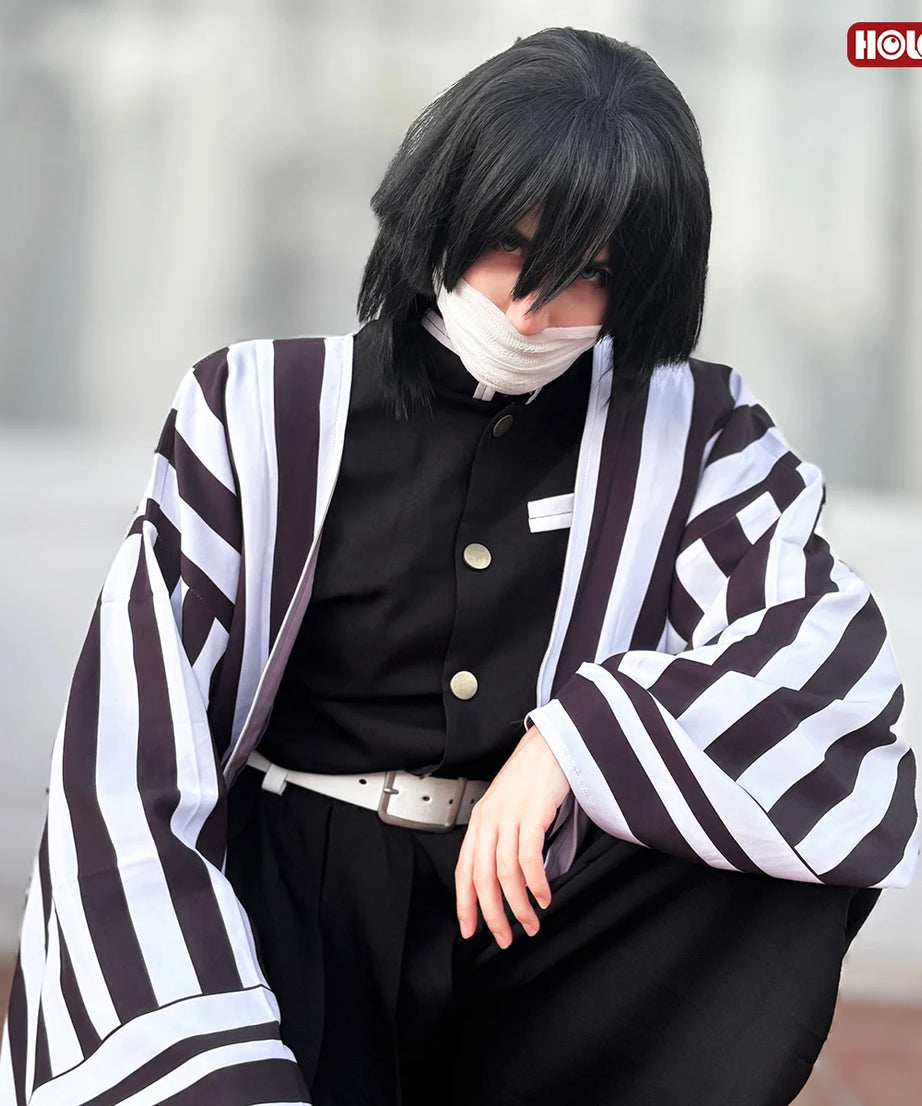Anime Iguro Obanai Cosplay Costume Wig Haori Embroidery Top Elastic Pants Belt Rose Net Cos Halloween Christmas Gift
