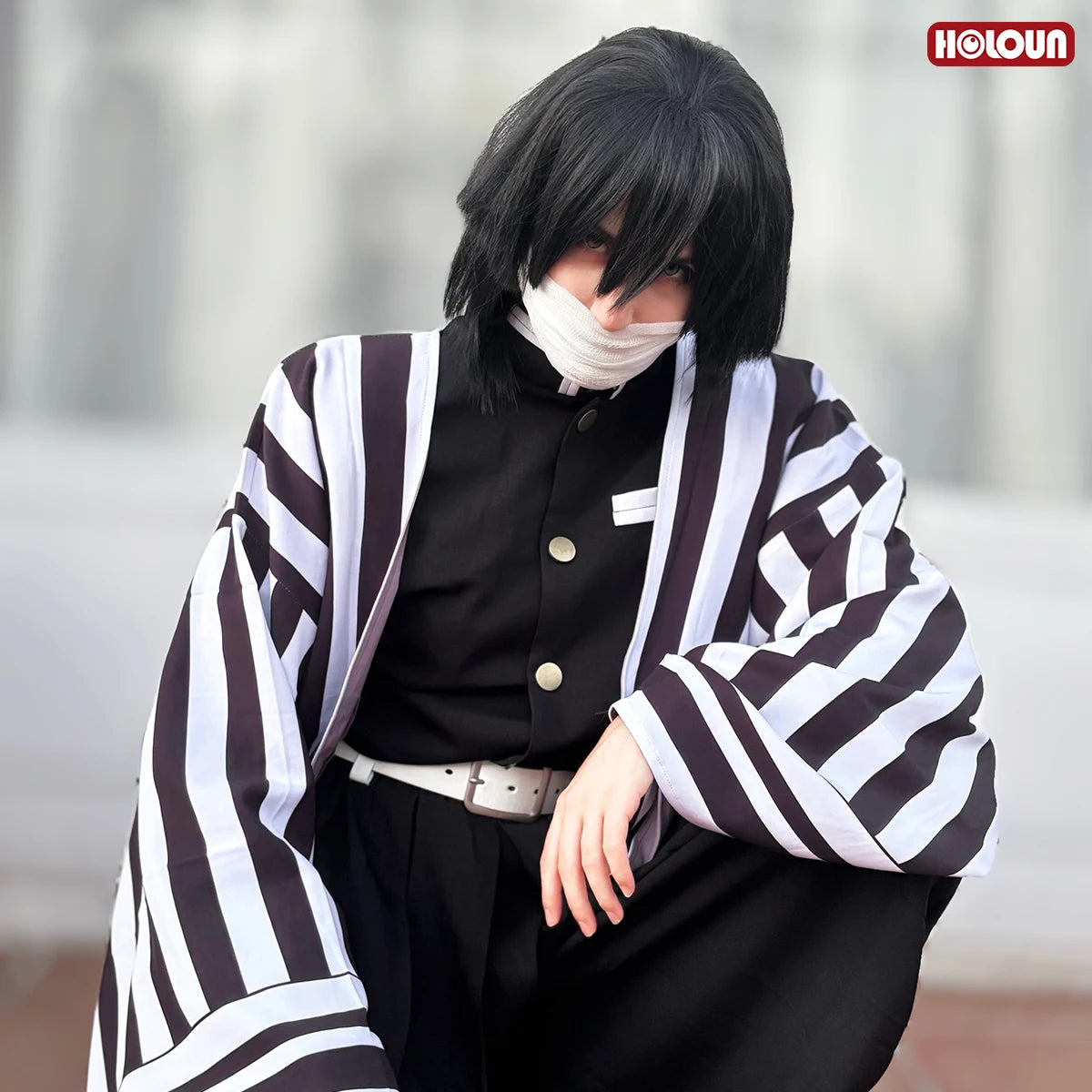 Anime Iguro Obanai Cosplay Costume Wig Haori Embroidery Top Elastic Pants Belt Rose Net Cos Halloween Christmas Gift