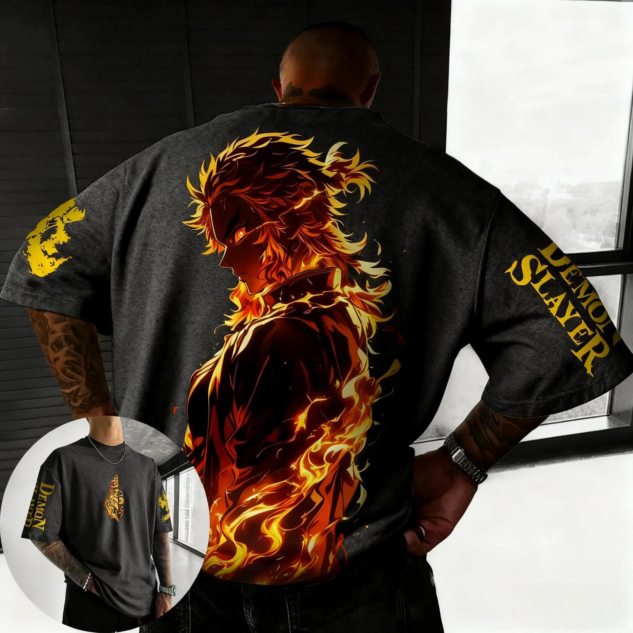 Demon Slayer Men's T-shirt Summer New Rengoku Kyoujurou Anime Print Harajuku Oversized Casual Short Sleeved Tee Top Y2k Clothes