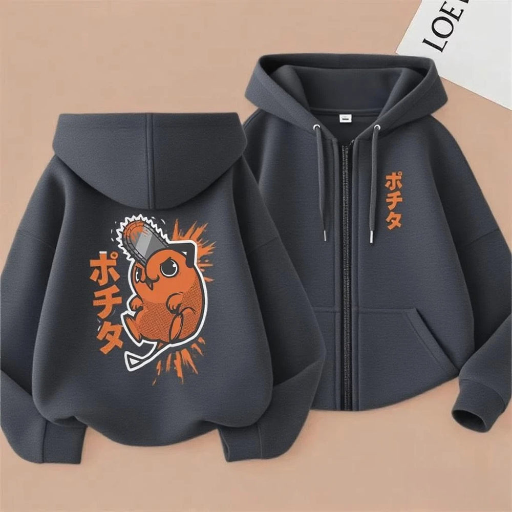 Chainsaw Man Denji & Pochita Graphic Zip-Up Hoodie – Washed Retro Oversized Jacket 7