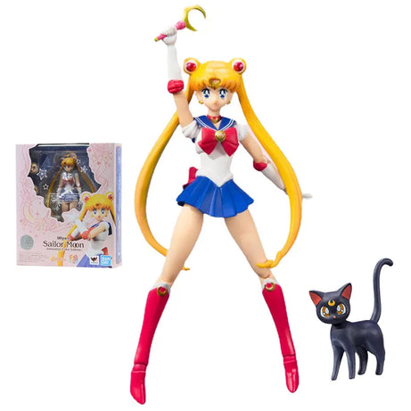 Bandai Sailor Moon Figure SHF Sailor Moon and Cat Articulated Original Anime Figure High Quality