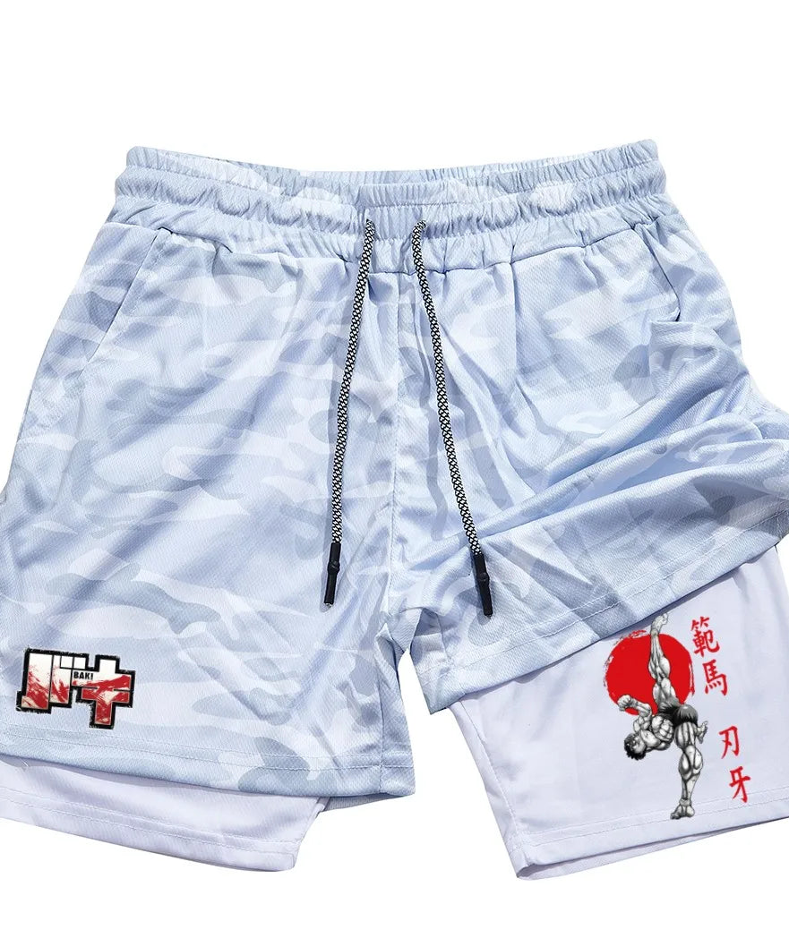 Men's and women's gym shorts, quick drying mesh shorts, animated printed Baki Hanma, sleeves, 2-in-1