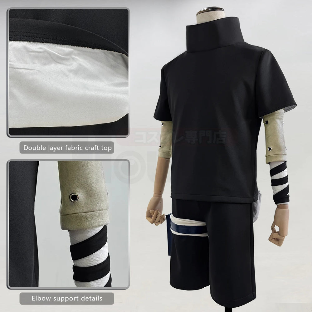 Anime Sasuke Uchiha Cosplay Costume – Black Top, Shorts & Waist Bag Set 4