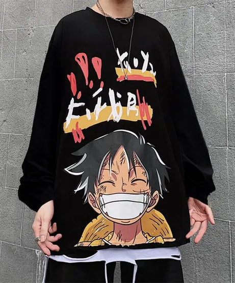 Anime One Piece Monkey D. Luffy Spring and Autumn New Loose Boys' Long Sleeve Cartoon Student T-shirt Clothes