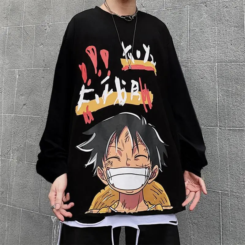 Anime One Piece Monkey D. Luffy Spring and Autumn New Loose Boys' Long Sleeve Cartoon Student T-shirt Clothes