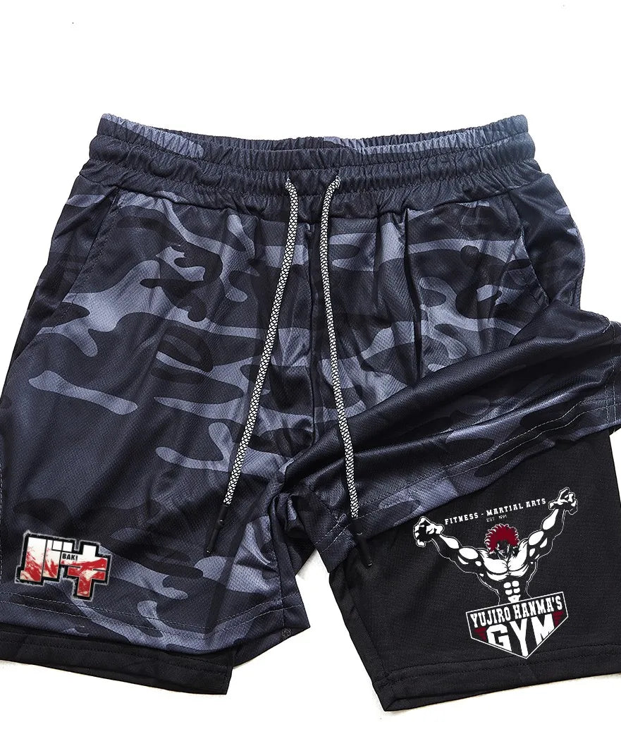 Men's and women's gym shorts, quick drying mesh shorts, animated printed Baki Hanma, sleeves, 2-in-1