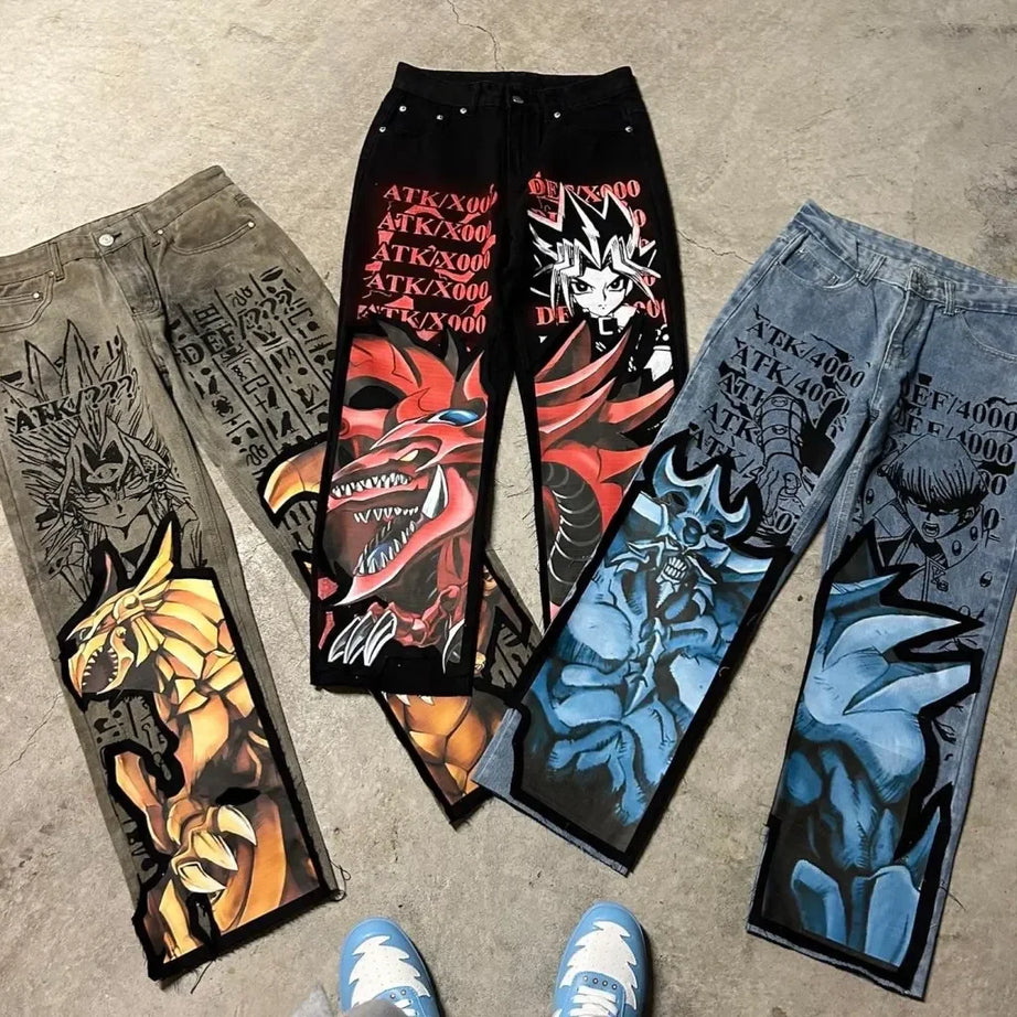 anime printing baggy jeans harajuku wide leg denim pants y2k men jean streetwear vintage couples trouser women clothing
