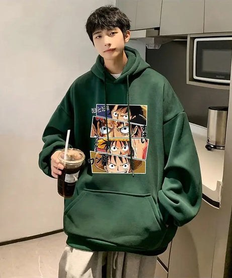 Anime One Piece Monkey D. Luffy Men's Autumn and Winter Printed Hoodie Versatile Hooded Pullover Jacket