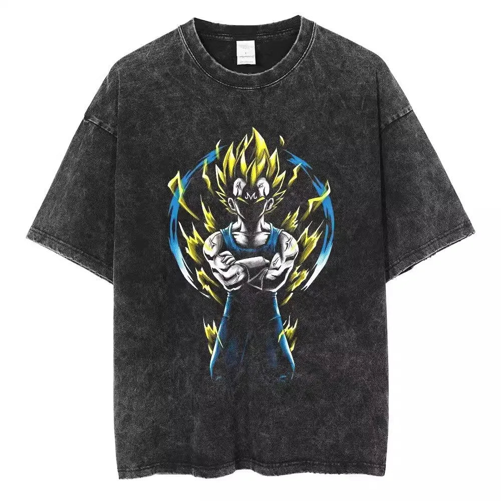 New Hip Hop Streetwear Anime Dragon Ball Printed Growzed T-Shirt Mens Washed Vintage Black Summer Casual Cotton T Shirt Fan Gift