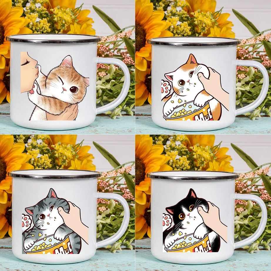 Cat Print Enamel Coffee Tea Mugs Cute Animal Breakfast Dessert Milk Water Cups Love Cat Home Drinkware Best Friend Gifts