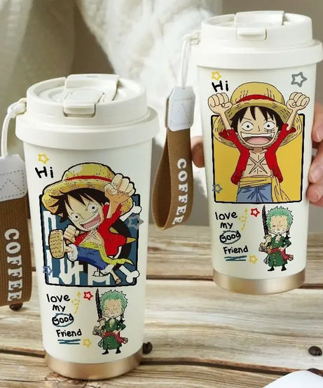 One Piece Thermos Cup – 530ML Luffy & Zoro Large Capacity Travel Mug with Straw