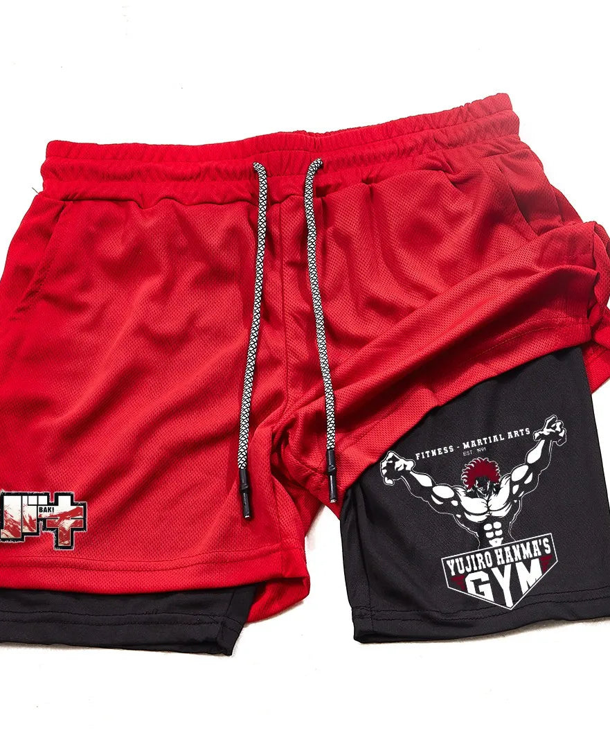 Men's and women's gym shorts, quick drying mesh shorts, animated printed Baki Hanma, sleeves, 2-in-1