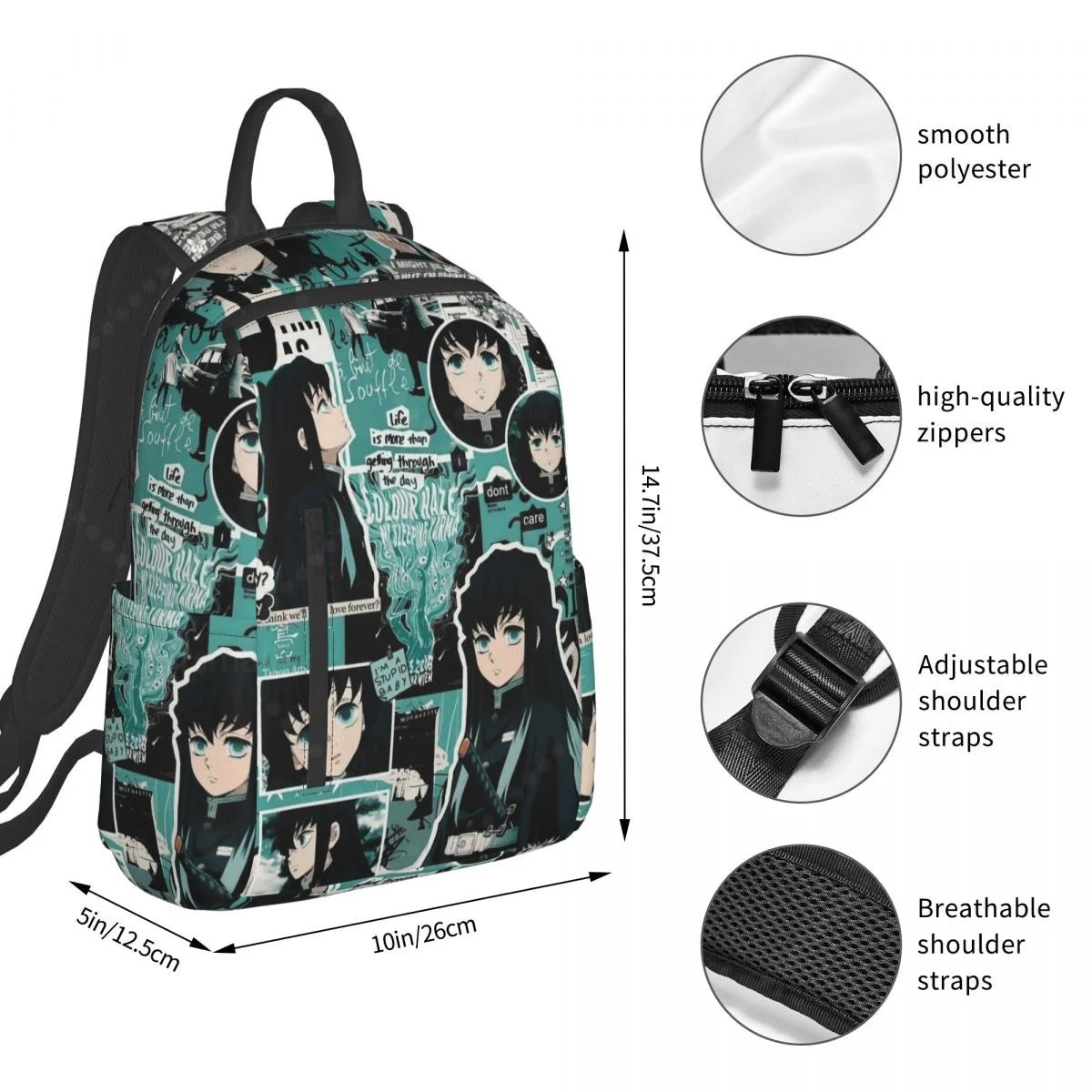 Cute Anime Muichiro TokitoTravel Backpack College Book Bag for Men Women Lightweight Casual Should Bags for Outdoor Sports