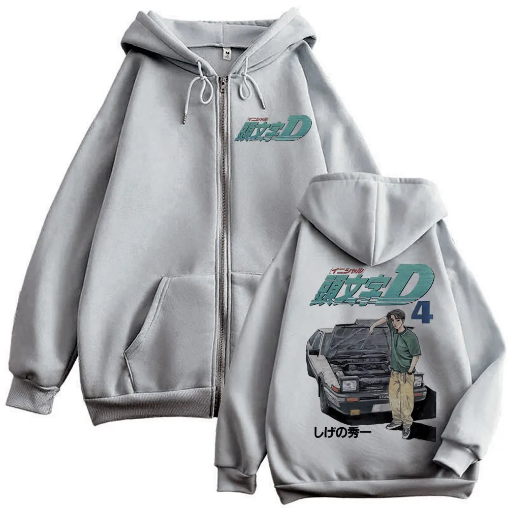 Anime Initial D Takumi Fujiwara Graphic Zipper Hoodies Harajuku Manga Zip Up Sweatshirts Men's Women's Fashion Vintage Pullovers