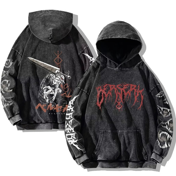 Gothic Vintage-Washed Hoodie — Teeth Print Pullover