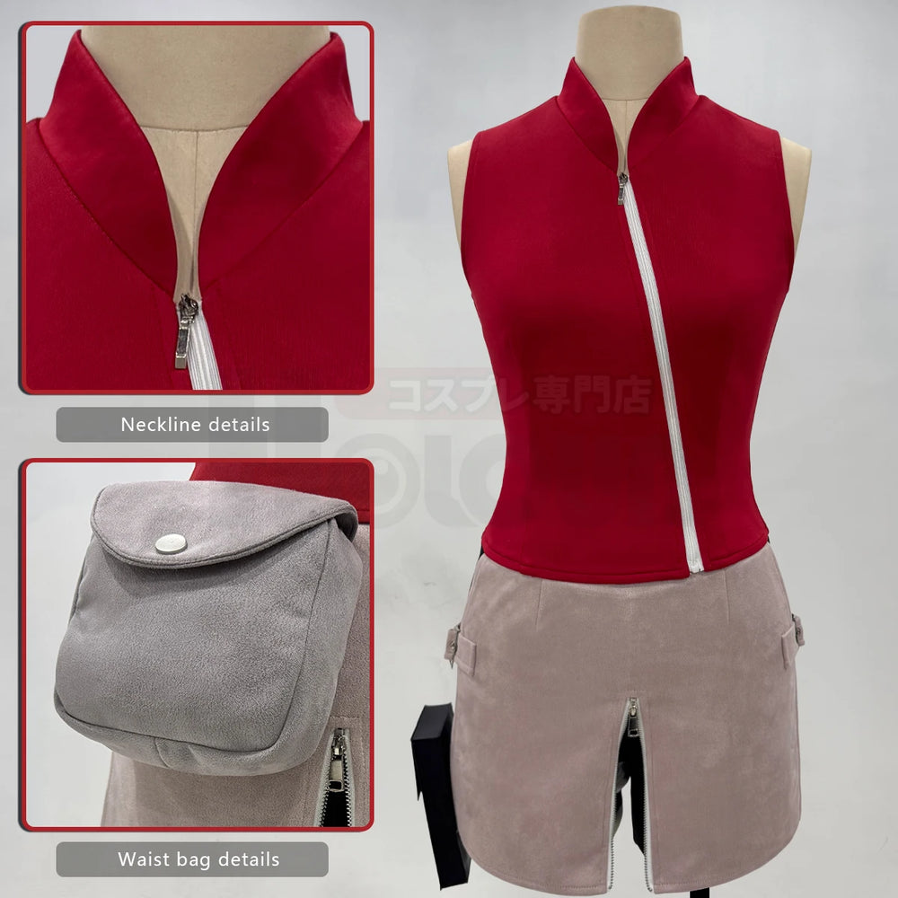 Anime Sakura Haruno Cosplay Costume – Red Top, Skirt, Shorts & Pouch Set 2
