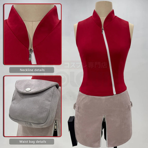 Anime Sakura Haruno Cosplay Costume – Red Top, Skirt, Shorts & Pouch Set