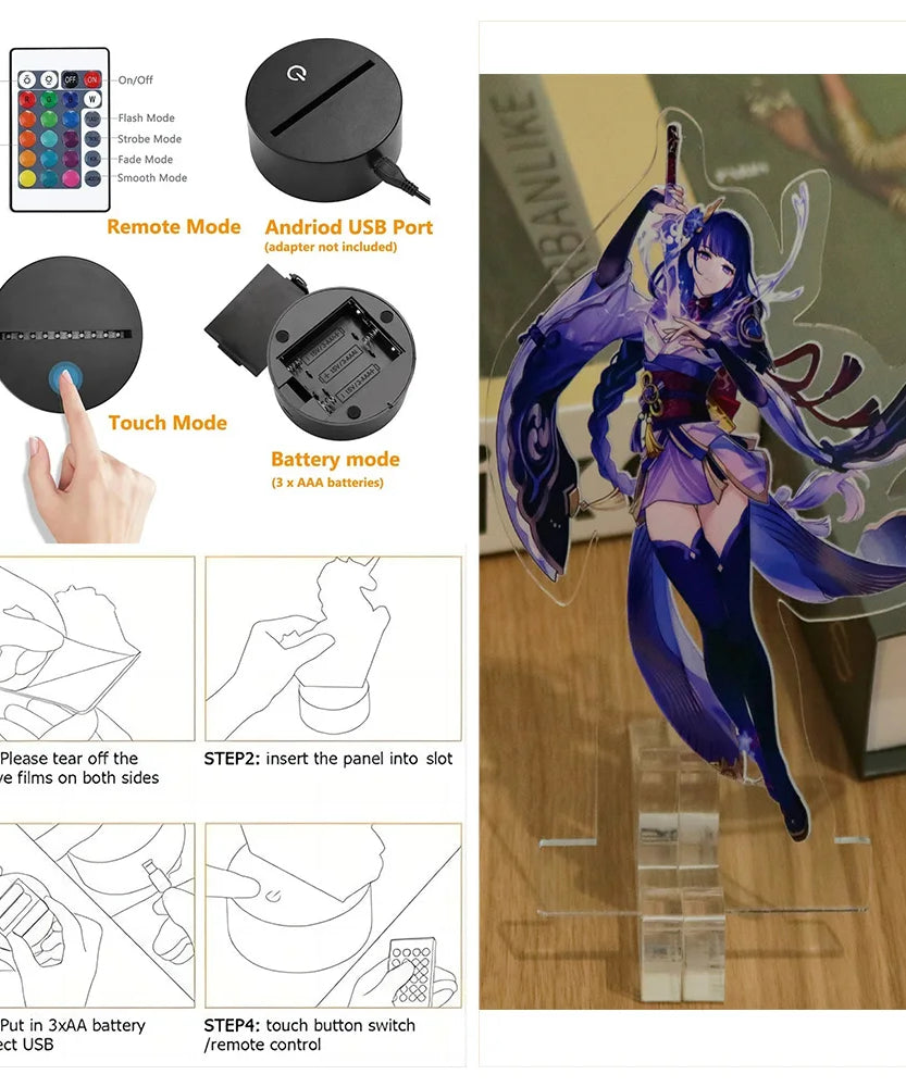 Genshin Impact 3D Lamp LED Night Light Anime Figures Zhongli Raiden Shogun Remote RGB Dream Colors Kids Bedroom Home Decor