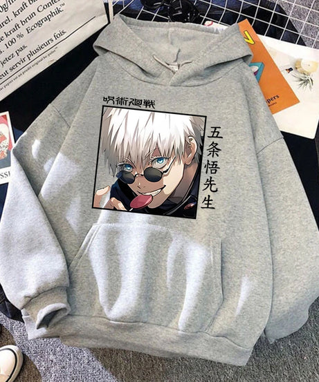Autumn Winter Casual Anime Gojo Satoru Print Hoodies Solid Color Long Sleeve Hooded Pullovers Sweatshirts Plus Size