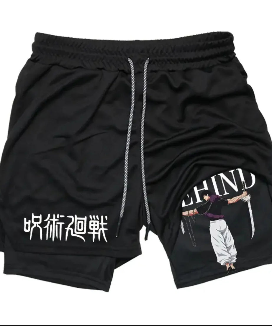 Anime Jujutsu Kaisen Performance Yuji Print Sport Running 2 in 1 Gym Shorts Training Men's Summer Workout Sportwear Y2K Shorts