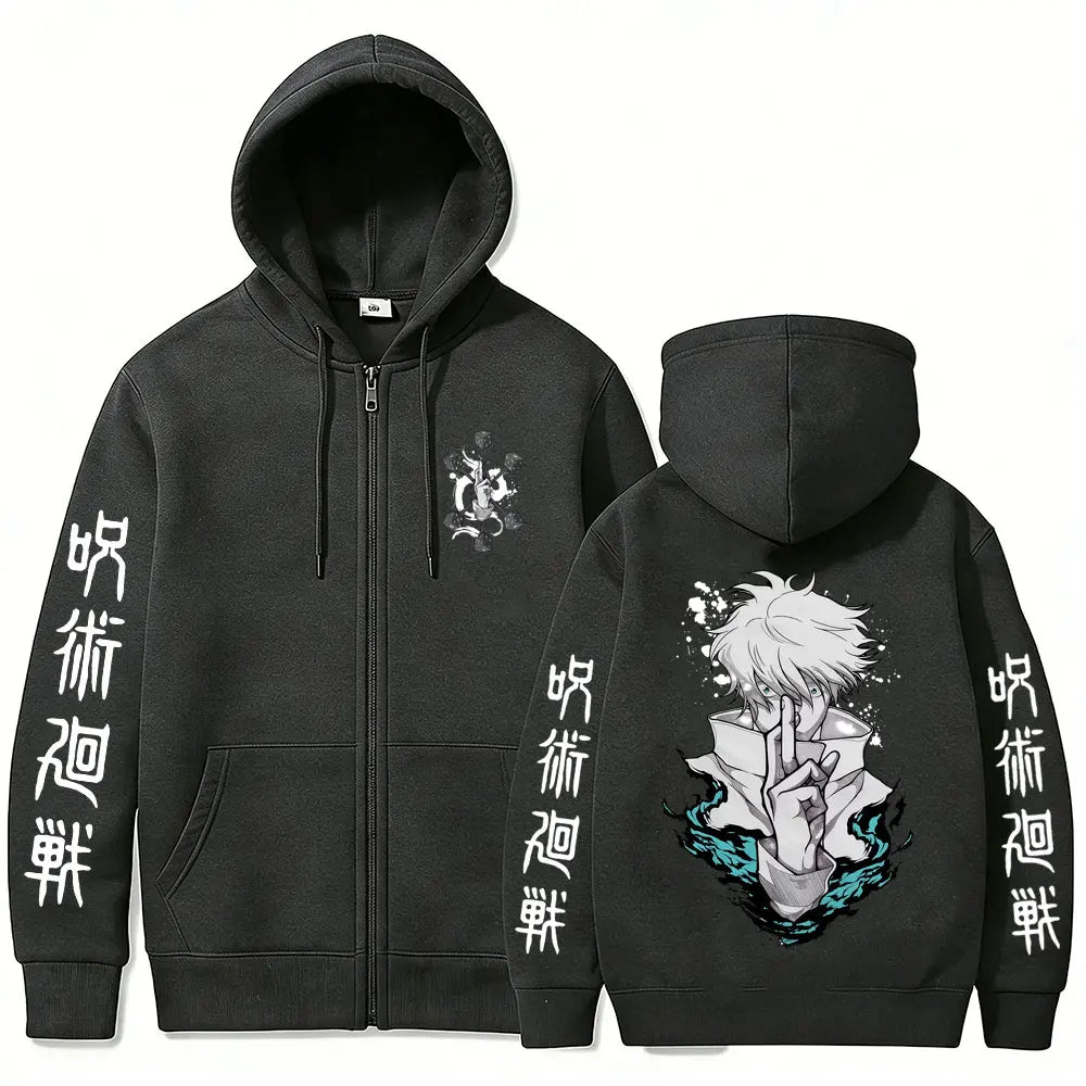Anime Jujutsu Kaisen Gojo Satoru Zip-Up Hoodie – Unisex Oversized Cosplay Jacket 8
