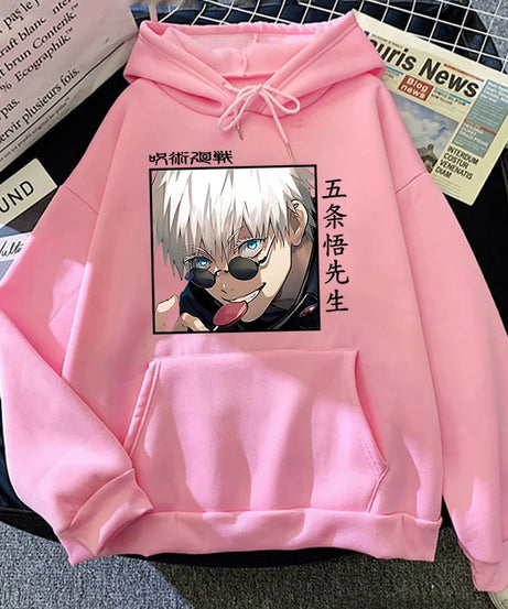 Autumn Winter Casual Anime Gojo Satoru Print Hoodies Solid Color Long Sleeve Hooded Pullovers Sweatshirts Plus Size