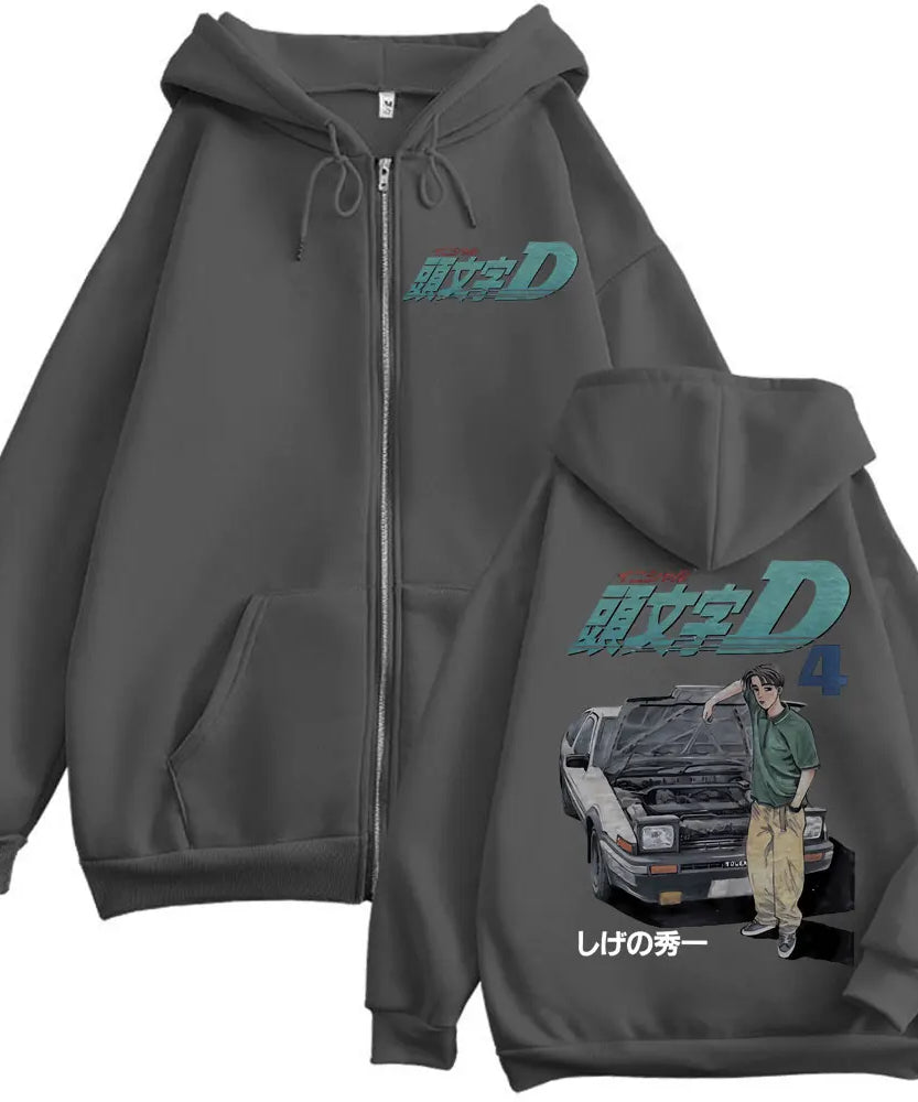 Anime Initial D Takumi Fujiwara Graphic Zipper Hoodies Harajuku Manga Zip Up Sweatshirts Men's Women's Fashion Vintage Pullovers